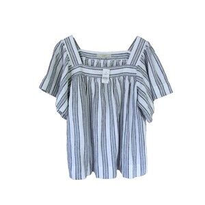 LOFT Womens M Linen Blend Square Neck Metallic Striped Blouse Top Lagenlook Boho